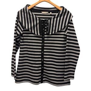 Soft Surroundings Serene Sweater PM Black White Striped Cardigan Tie Collar